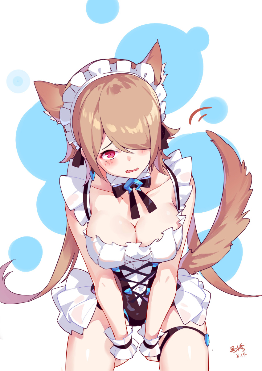 1girl absurdres animal_ears between_legs black_ribbon blush breasts cleavage dated dog_ears dog_tail dress embarrassed fang frilled_sleeves frills hair_over_one_eye hair_ribbon hand_between_legs highres honkai_(series) honkai_impact_3rd large_breasts looking_at_viewer maid_headdress mole mole_under_eye red_eyes ribbon rita_rossweisse short_dress short_hair signature solo tail yu_xiu