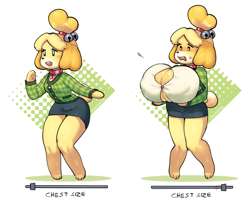 animal_crossing anthro big_breasts black_nose blush bodily_fluids bottomwear breast_expansion breast_slider breasts canid canine canis chest_slider clothing collar domestic_dog english_text female fur green_clothing green_shirt green_topwear isabelle_(animal_crossing) mammal nintendo nipple_outline open_mouth pawpads ponytail sequence shirt skirt small_breasts softdon sweat teeth text topwear video_games yellow_fur