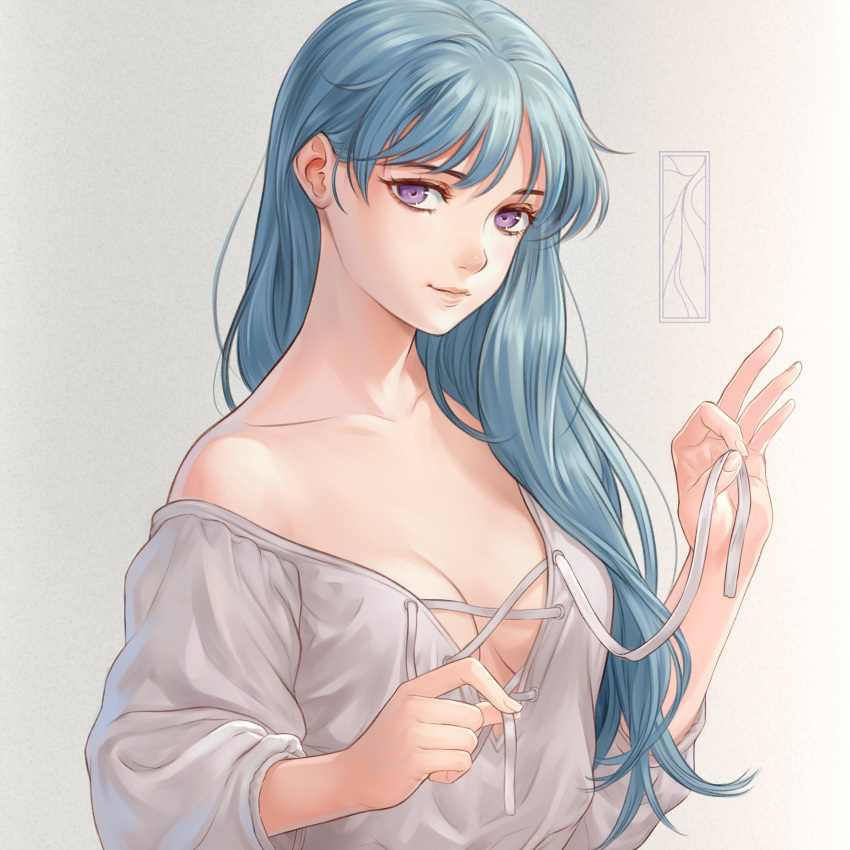 1girl absurdres bangs bare_shoulders blouse breasts cleavage collarbone hair_over_shoulder highres kotikomori light_blue_hair long_hair looking_at_viewer medium_breasts no_bra original pinching purple_eyes simple_background smile solo undressing upper_body white_blouse