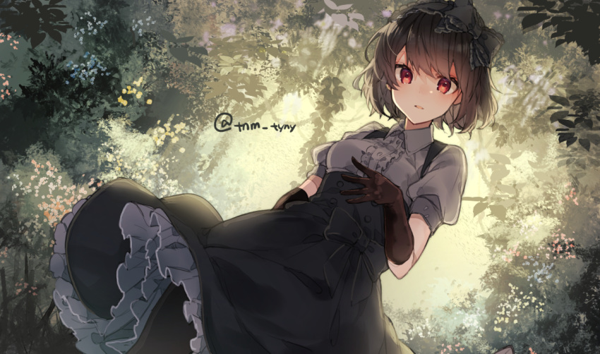 bow brown_hair dark elbow_gloves forest gloves goth-loli headdress ikeuchi_tanuma lolita_fashion original pantyhose red_eyes short_hair signed skirt tree