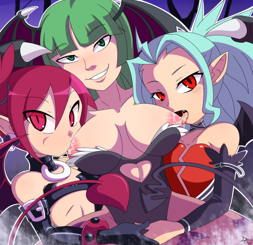 2017 areola armwear big_areola big_breasts blue_hair blush bodily_fluids breast_lick breast_suck breasts buckle capcom clothed clothing collar cute_fangs dalley-the-alpha darkstalkers demon digital_media_(artwork) dinah_(summon_night) disgaea ear_piercing ear_ring elbow_gloves etna exposed_breasts eyebrows female fingers flat_chested gloves green_eyes green_hair group hair half-closed_eyes handwear head_wings hi_res humanoid humanoid_pointy_ears licking looking_at_viewer mammal membrane_(anatomy) membranous_wings morrigan_aensland nipples not_furry o-ring_collar open_mouth piercing red_eyes red_hair saliva short_hair simple_background skull_earrings spade_tail sucking summon_night summon_night:_swordcraft_story_2 teeth tied_hair tongue tongue_out video_games wings