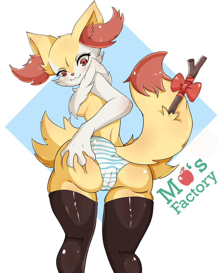 2019 :3 anthro blush braixen breasts butt butt_grab camel_toe canid canine clothing eyelashes female fur hand_on_butt hi_res inner_ear_fluff legwear looking_down mammal mapplesfactory multicolored_fur neck_tuft nintendo pok&eacute;mon pok&eacute;mon_(species) presenting presenting_hindquarters raised_tail red_eyes red_fur red_nose ribbons side_boob smile solo spread_butt spreading standing stick thigh_highs tuft video_games white_fur yellow_fur