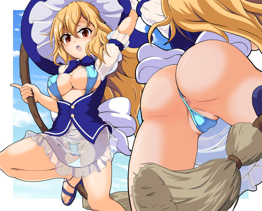 1girl anus areola_slip areolae ass blonde_hair blue_neckwear blush bow bowtie breasts breasts_outside broom broom_riding cameltoe cloud eyebrows_visible_through_hair groin hat highres jacket kirisame_marisa large_breasts long_hair looking_at_viewer looking_down multiple_views nioti open_clothes open_jacket open_mouth red_eyes sandals shiny shiny_hair shiny_skin skirt sky slingshot_swimsuit solo swimsuit swimsuit_aside swimwear touhou transparent_skirt witch witch_hat