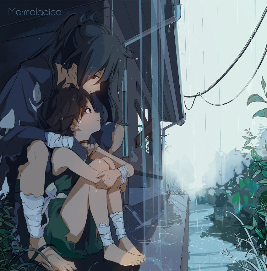1boy 1girl androgynous artist_name bandages barefoot black_hair building child closed_mouth commentary dororo_(character) dororo_(tezuka) drainpipe english_commentary hands_on_another's_shoulders highres hyakkimaru_(dororo) japanese_clothes kimono leg_hug long_hair marmalade_(elfless_vanilla) outdoors ponytail power_lines rain red_eyes sitting