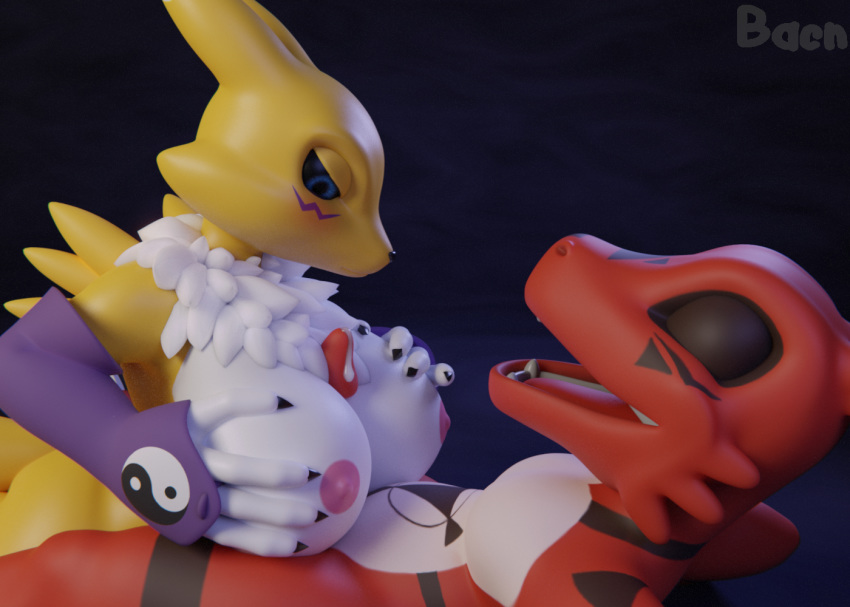 2019 3d_(artwork) anthro bacn big_breasts blue_eyes blush bodily_fluids breasts canid canine cum digimon digimon_(species) digital_media_(artwork) duo erection female fingers fox fur genital_fluids guilmon huge_breasts male male/female mammal nipples nude open_mouth penis precum renamon sex smile titfuck tongue