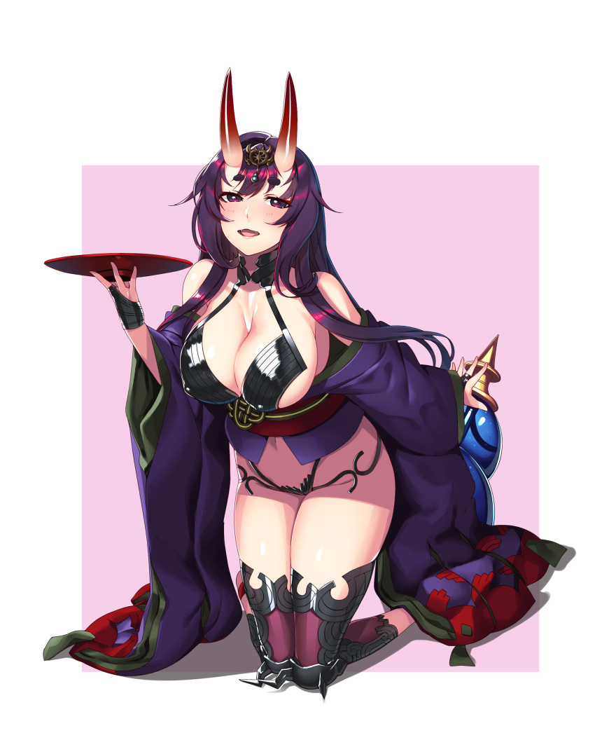 1girl absurdres bare_shoulders breasts cosplay cup fate/grand_order fate_(series) headpiece hiememiko highres horns japanese_clothes kimono large_breasts long_hair off-shoulder_kimono off_shoulder oni_horns open_clothes open_kimono open_mouth purple_eyes purple_hair purple_kimono revealing_clothes sakazuki shuten_douji_(fate/grand_order) shuten_douji_(fate/grand_order)_(cosplay)