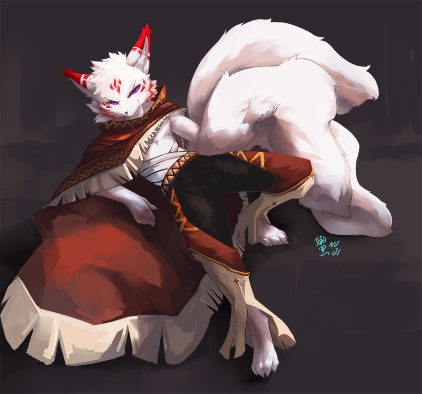 2016 4_toes 5_fingers anthro bandage bottomwear canid canine cape clothing fingers fox fur linlvjia male mammal multi_tail pants purple_eyes red_fur simple_background solo toes white_fur