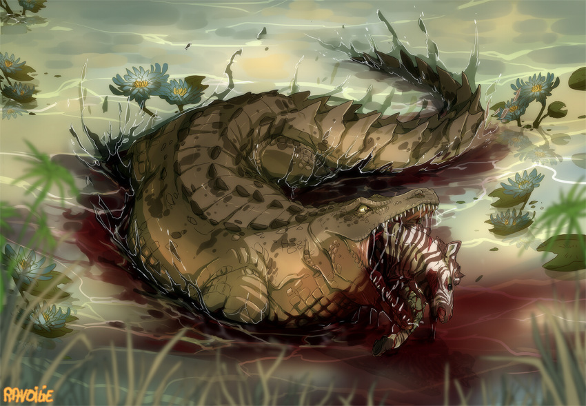 2019 ambiguous_gender blood bodily_fluids crocodile crocodilian crocodylid day detailed_background digital_media_(artwork) duo equid equine feral gore hard_vore hooves mammal open_mouth outside partially_submerged ravoilie reptile scalie teeth tongue vore water zebra