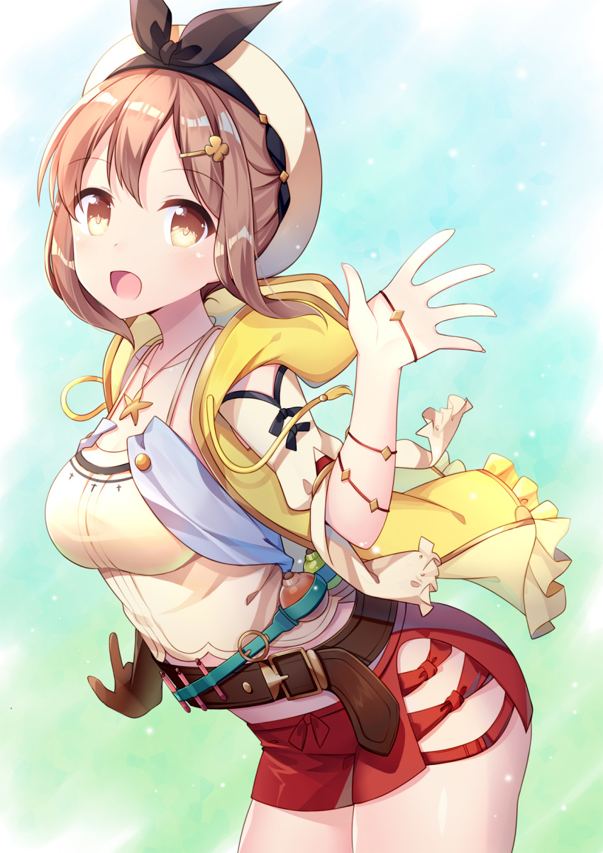 1girl :d amemiya_ruki atelier_(series) atelier_ryza belt beret breasts brown_eyes brown_gloves brown_hair collarbone cowboy_shot crop_top flask gloves hair_ornament hairclip hand_up hat highres hood hood_down looking_at_viewer medium_breasts midriff open_mouth red_shorts reisalin_stout shirt short_hair short_shorts shorts sidelocks single_glove smile solo thighs white_headwear white_shirt