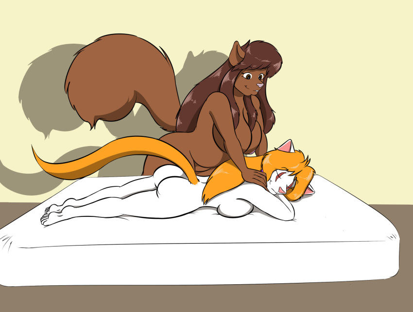 anthro bed big_breasts blonde_hair breasts brown_fur brown_hair carbon_(graphite) domestic_cat duo eyes_closed felid feline felis female fur hair hi_res mammal massage pink_nose rayne_(sailoranna) rodent sailoranna sciurid tree_squirrel white_fur