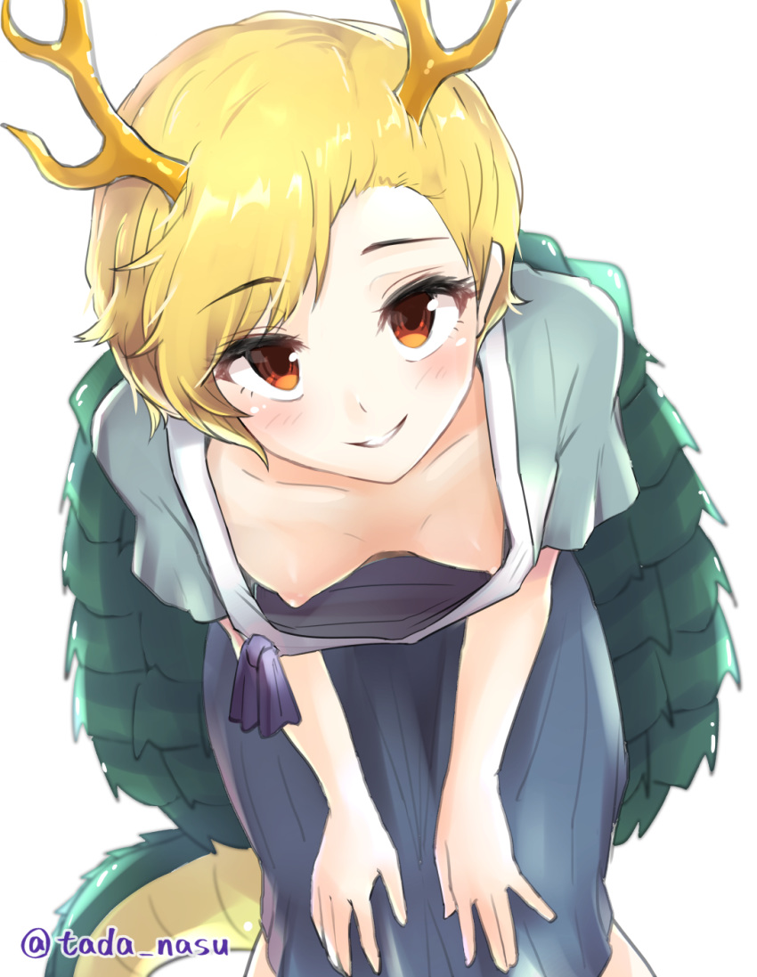 1girl artist_name blonde_hair blue_shirt blue_skirt breasts brown_eyes collarbone commentary_request downblouse dragon_horns dragon_tail eyebrows_visible_through_hair feet_out_of_frame grin highres horns kitcho_yachie leaning_forward looking_at_viewer nipples shirt short_hair short_sleeves skirt small_breasts smile solo standing tada_no_nasu tail touhou twitter_username