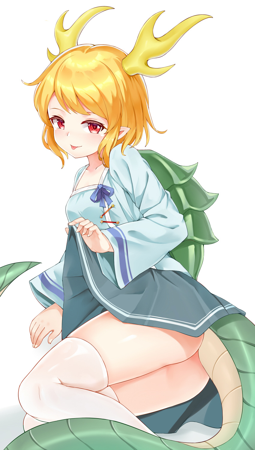1girl :p absurdres ass blonde_hair blue_ribbon blue_shirt blue_skirt blush breasts bushi_(1622035441) collarbone commentary_request dragon_horns dragon_tail feet_out_of_frame highres horns kicchou_yachie lifted_by_self long_sleeves looking_at_viewer miniskirt pointy_ears red_eyes ribbon shirt short_hair sidelocks simple_background skirt skirt_lift small_breasts smile solo tail thighhighs thighs tongue tongue_out touhou white_background white_legwear wide_sleeves