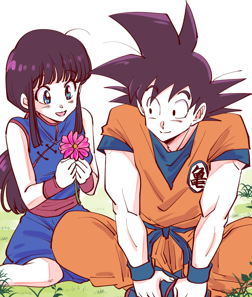1boy 1girl absurdres bangs bare_arms bare_legs bare_shoulders black_hair blue_dress blue_eyes boots chi-chi_(dragon_ball) chinese_clothes clothes_writing commentary_request couple crossed_legs dougi dragon_ball dragon_ball_(classic) dress eyebrows_visible_through_hair eyelashes eyes_visible_through_hair fingernails flower grass happy hetero highres holding holding_flower leaf looking_at_another looking_down looking_to_the_side miiko_(drops7) nature open_mouth outdoors pink_flower plant ponytail simple_background sitting sleeveless sleeveless_dress smile son_gokuu spiked_hair white_background wristband