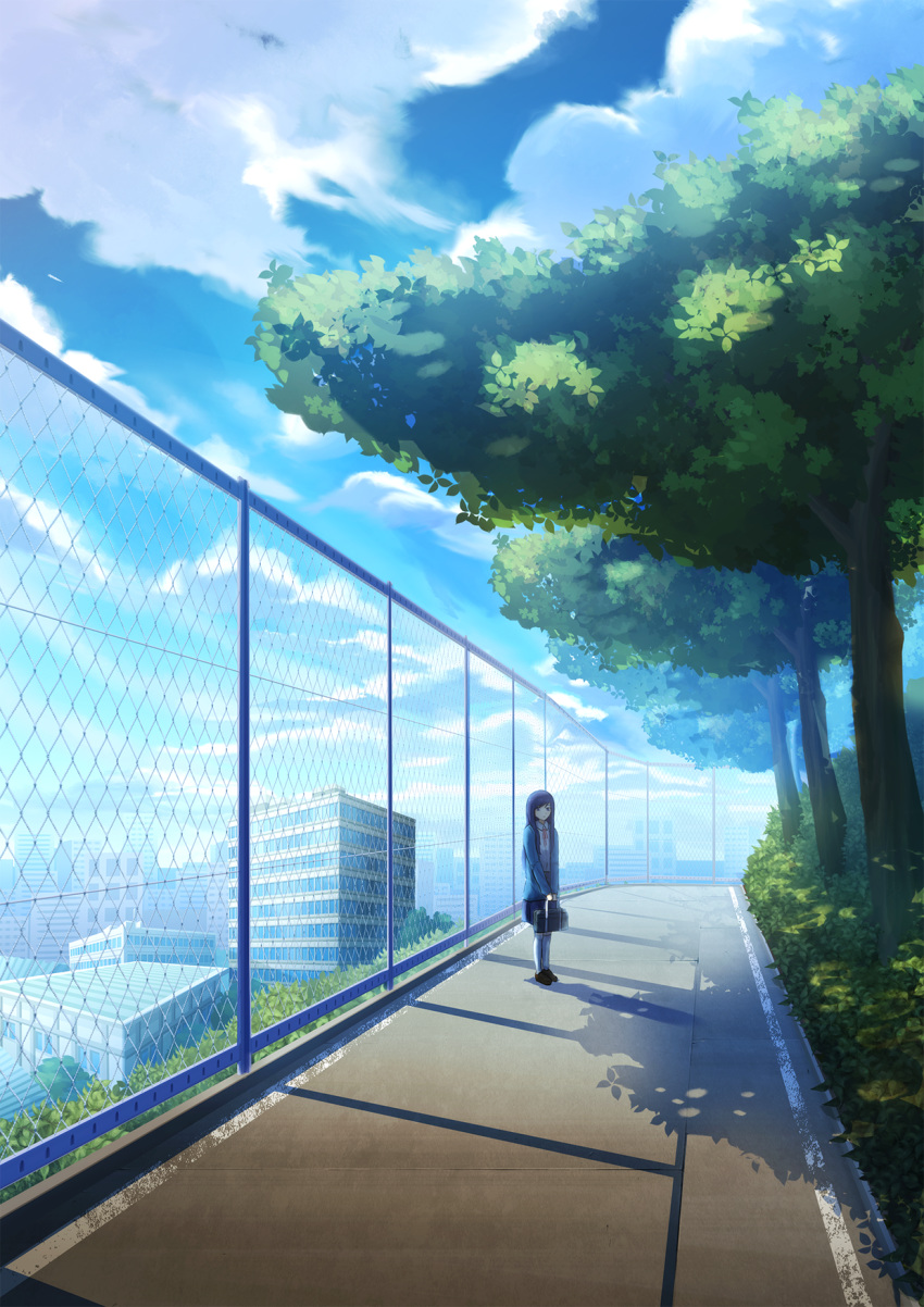 1girl bag bakemono black_hair blue_cardigan brown_footwear building cardigan chain-link_fence closed_mouth cloud collared_shirt commentary day expressionless fence highres joshi_kousei_no_mudazukai kneehighs loafers long_hair looking_at_viewer neck_ribbon open_cardigan open_clothes outdoors path red_ribbon ribbon road saginomiya_shiori scenery school_bag school_uniform shirt shoes silhouette sky solo standing tree white_legwear white_shirt wing_collar