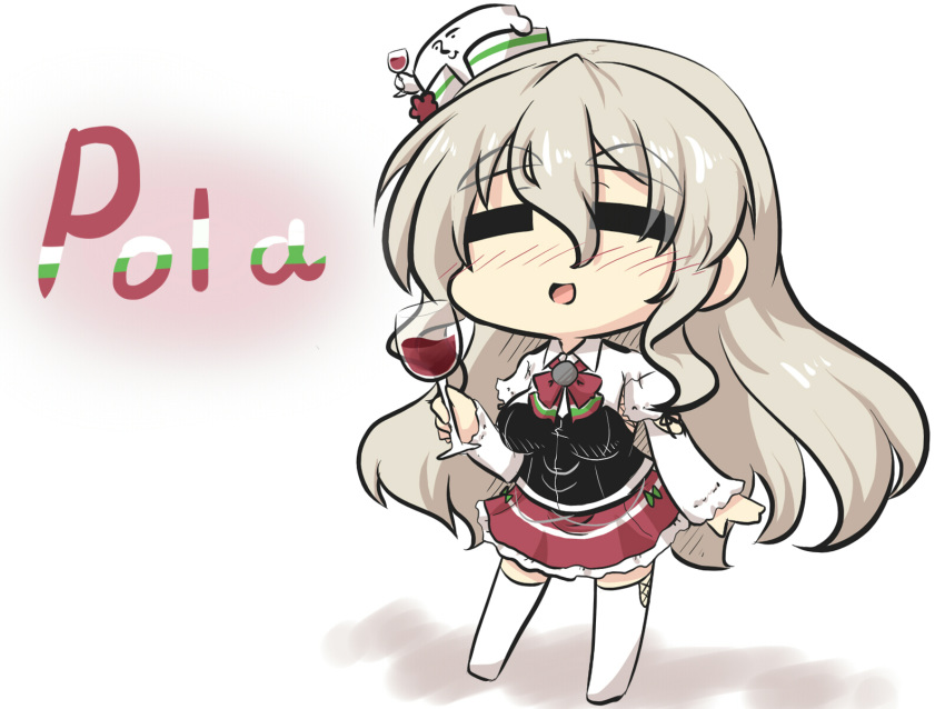 1girl blush breasts character_name chibi commentary_request cup drinking_glass eyebrows_visible_through_hair goma_(gomasamune) grey_hair hair_between_eyes hat highres juliet_sleeves kantai_collection living_clothes long_hair long_sleeves open_mouth pola_(kantai_collection) puffy_sleeves shadow sidelocks skirt smile solo standing thighhighs wine_glass