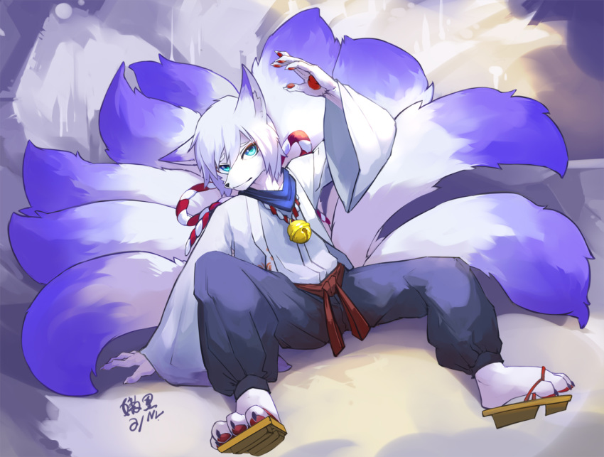2016 4_toes 5_fingers anthro arctic_fox bell blue_eyes blue_hair canid canine clothed clothing fingers footwear fox fur hair japanese_clothing kimono linlvjia male mammal multi_tail neckerchief sandals sitting solo toes white_fur white_hair