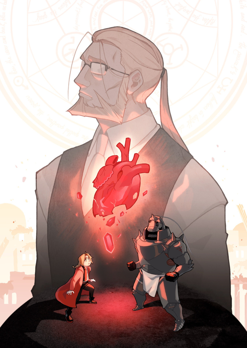 3boys abstract_background absurdres alexia_khodanian alphonse_elric apron armor bags_under_eyes beard blonde_hair brothers commentary dress_shirt edward_elric english_commentary expressionless facial_hair father_and_son flamel_symbol full_armor full_body fullmetal_alchemist furrowed_eyebrows glasses glowing glowing_heart heart_(organ) highres long_hair long_sleeves looking_up magic_circle multiple_boys necktie philosopher's_stone ponytail semi-rimless_eyewear shirt siblings simple_background van_hohenheim vest white_background white_shirt