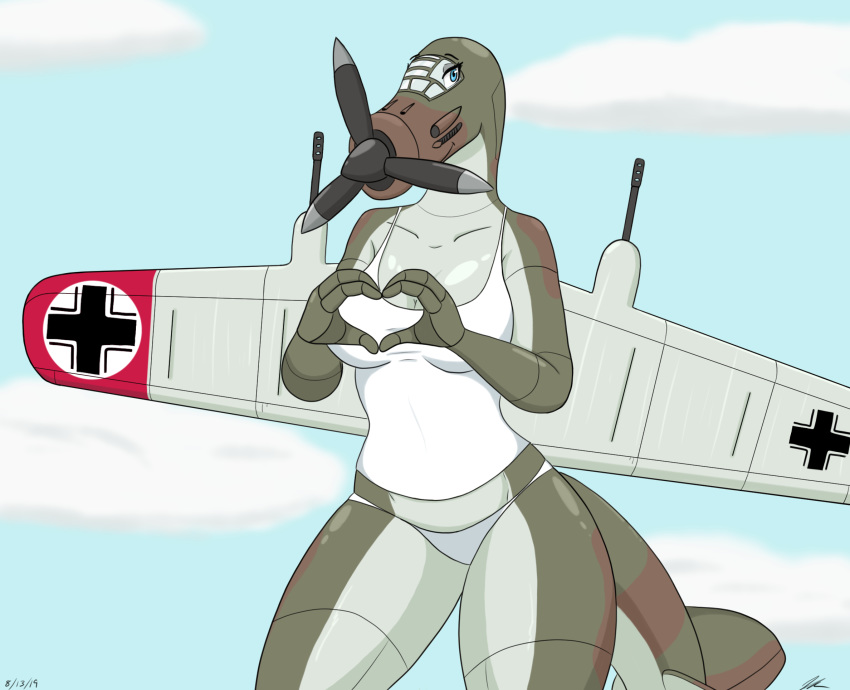 &lt;3 aircraft big_breasts blue_eyes breasts clothing cloud female germany gesture gun hand_heart hi_res jeffthehusky living_aircraft living_machine machine panties pose propeller ranged_weapon shirt sky smile tank_top thick_thighs topwear underwear weapon wings