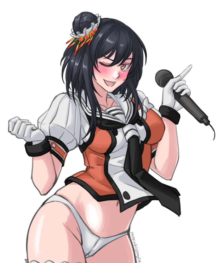 1girl black_hair black_neckwear commentary_request cosplay cowboy_shot gloves hair_bun highres kantai_collection looking_at_viewer microphone naka_(kantai_collection) naka_(kantai_collection)_(cosplay) neckerchief no_pants panties puffy_short_sleeves puffy_sleeves red_eyes remodel_(kantai_collection) school_uniform serafuku short_hair short_sleeves simple_background smile solo sozan underwear white_background white_gloves white_panties yamashiro_(kantai_collection)