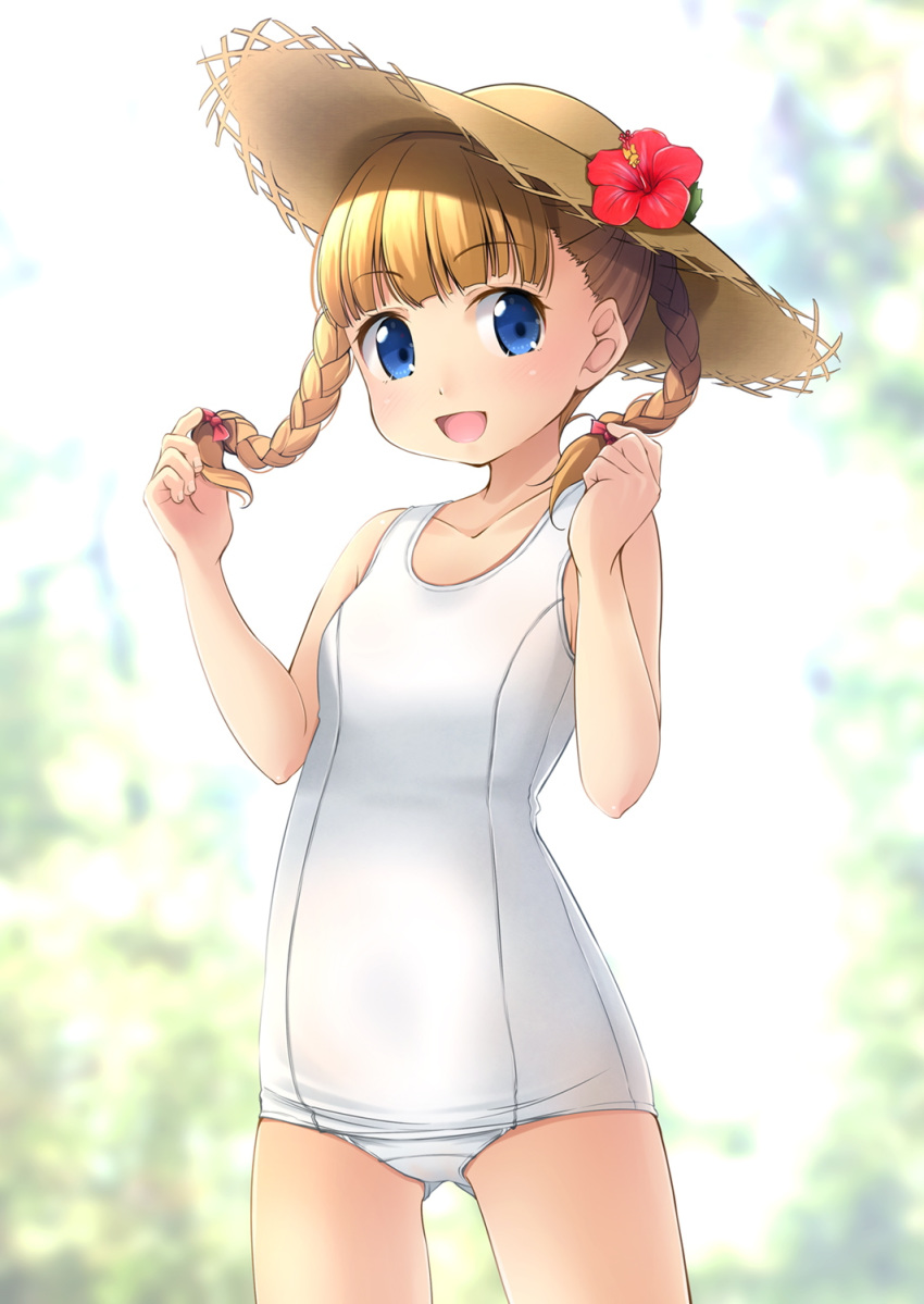 1girl :d ass_visible_through_thighs backlighting bangs blonde_hair bloom blue_eyes blunt_bangs blurry blush braid breasts collarbone cowboy_shot crotch_seam day depth_of_field eyebrows_visible_through_hair flower hands_up hat hat_flower head_tilt hibiscus highres looking_at_viewer old_school_swimsuit one-piece_swimsuit open_mouth original outdoors school_swimsuit shibacha small_breasts smile solo standing straw_hat swimsuit twin_braids twintails white_school_swimsuit white_swimsuit