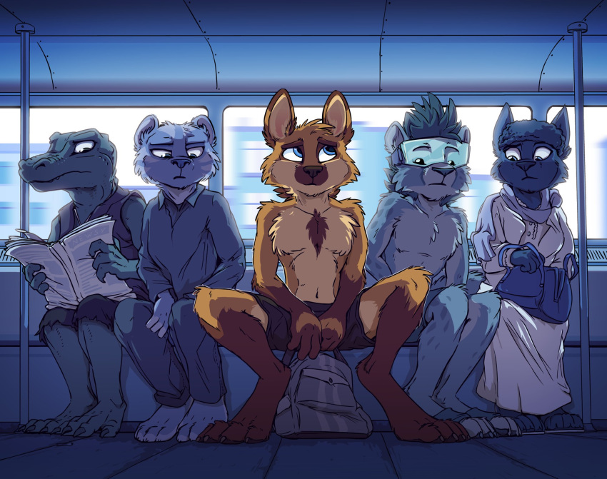 2018 anthro backpack blue_eyes bottomwear brown_fur canid canine clothing eyewear fur glasses hi_res izzywolfram long_legs mammal maned_wolf monochrome newspaper public_transportation purse simple_background tirrel train vehicle