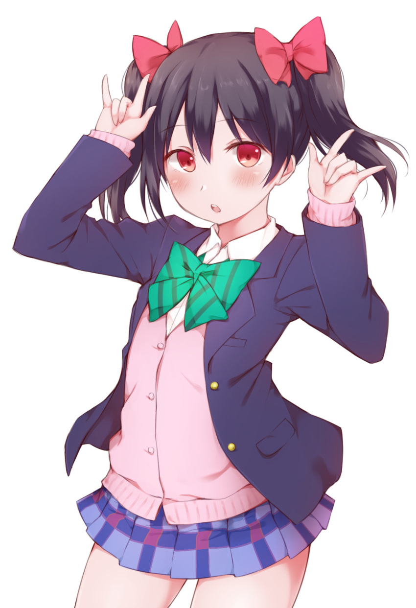 1girl arm_up bangs black_hair blazer blue_jacket blue_skirt blush bow cardigan collared_shirt commentary_request cowboy_shot diagonal_stripes double_v dress_shirt eyebrows_visible_through_hair green_bow hair_between_eyes hand_up highres hitotsuki_no_yagi jacket love_live! love_live!_school_idol_project nico_nico_nii open_blazer open_clothes open_jacket parted_lips pink_cardigan plaid plaid_skirt pleated_skirt red_eyes shirt simple_background skirt solo striped striped_bow twintails upper_teeth v white_background white_shirt yazawa_nico