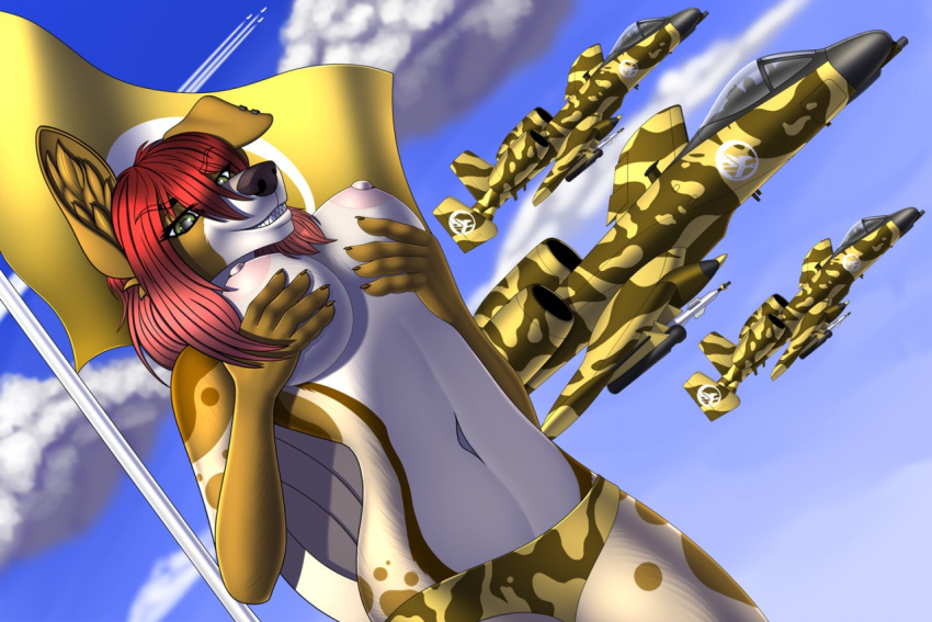 2019 aircraft airplane anthro canid canine canis day detailed_background digital_media_(artwork) domestic_dog female hair lab_(disambiguation) looking_at_viewer mammal outside red_hair sky smile solo tales_foxdale