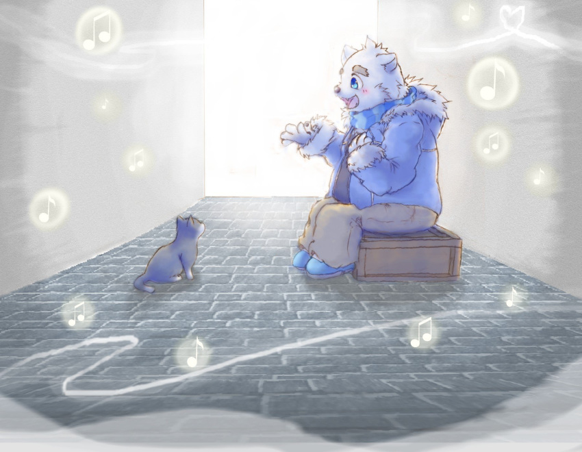 2019 anthro blue_eyes blush bottomwear clothing domestic_cat duo felid feline felis feral fur hi_res humanoid_hands mammal pants phantmail8 polar_bear scarf shirane_kan singing sitting slightly_chubby sweater topwear ursid ursine utau white_fur