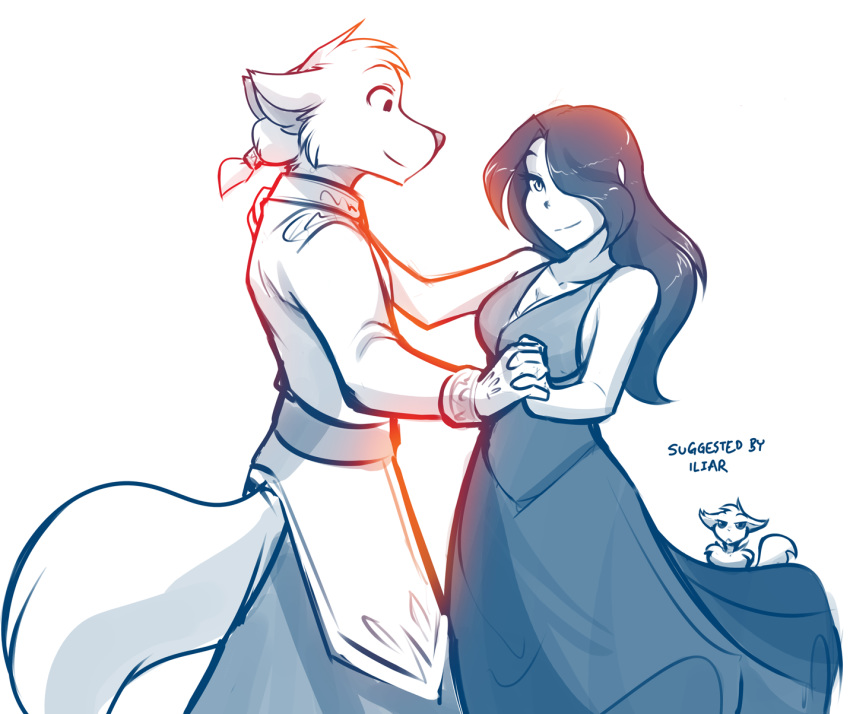 2019 annoyed anthro breasts canid canine canis classy cleavage clothed clothing dancing dress duo_focus evening_dress fancy_clothing female feral group hair hair_over_eye hi_res human keidran male mammal maren_taverndatter monochrome mrs._nibbly ponytail rodent sciurid simple_background sketch smile sythe_(twokinds) tom_fischbach tree_squirrel twokinds webcomic white_background wolf