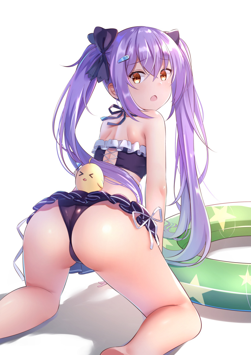 1girl all_fours alternate_costume alternate_hairstyle ass azur_lane bandeau bangs bare_arms bare_legs bare_shoulders bikini bikini_skirt commentary dewey_(azur_lane) eyebrows_visible_through_hair f_(milfaaaaa) feet_out_of_frame frilled_bikini frills from_behind hair_between_eyes hair_ornament hair_ribbon hairclip highres innertube looking_at_viewer manjuu_(azur_lane) open_mouth purple_hair purple_ribbon ribbon shadow sidelocks simple_background solo swimsuit twintails white_background yellow_eyes