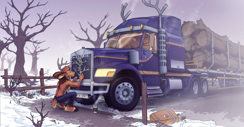 2019 antlers bottomwear brown_fur cervid clothing cold decorating decoration fence fur hi_res horn log mammal outside pants snow solo tires tirrel tirrel_(character) tree truck vehicle winter wood working