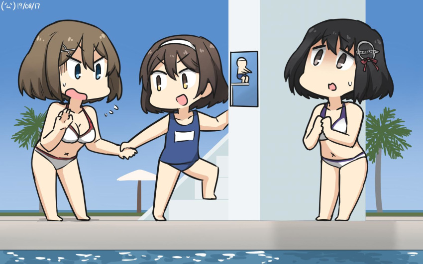 3girls beach_umbrella bikini black_hair blue_eyes blue_sky blue_swimsuit breasts brown_eyes brown_hair cleavage commentary_request dated flying_sweatdrops full_body gradient_sky haguro_(kantai_collection) hair_ornament hairband hamu_koutarou highres kantai_collection large_breasts looking_up maya_(kantai_collection) multiple_girls name_tag open_mouth palm_tree poolside school_swimsuit short_hair sky standing swimsuit tanikaze_(kantai_collection) tree umbrella water white_bikini white_hairband x_hair_ornament x_navel