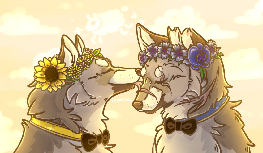 canid canine canis collar domestic_dog eyes_closed flower licking mammal pewdiepie plant romantic_couple scar sketchettte sven's_bf sven_(pewdiepie) tongue tongue_out