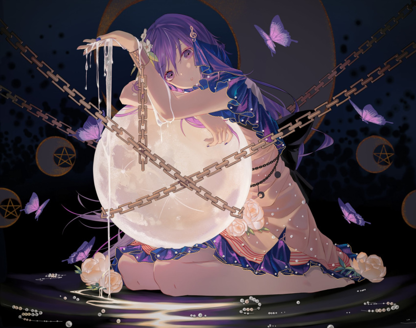 1girl adapted_costume alternate_hairstyle arm_up bangs barefoot beads bug butterfly chain commentary_request crescent_moon cuffs dress eyebrows_visible_through_hair flower full_moon hair_between_eyes hair_flower hair_ornament highres houraisan_chouko insect leaf long_hair looking_at_viewer moon nail_polish parted_lips petticoat purple_eyes purple_hair purple_nails rose shackles sitting solo touhou treble_clef_hair_ornament tsukumo_benben wariza white_flower white_rose yellow_dress