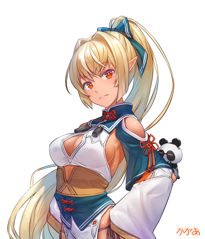 1girl arpeggio_kaga bangs bare_shoulders blonde_hair bow breasts cleavage cleavage_cutout closed_mouth creature dark_skin elf eyebrows_visible_through_hair fairy hair_bow hair_ornament highres hololive kintsuba_(flare_channel) long_hair long_ponytail long_sleeves medium_breasts orange_eyes panda pointy_ears ponytail shiranui_flare shoulder_cutout sideboob signature upper_body virtual_youtuber white_background