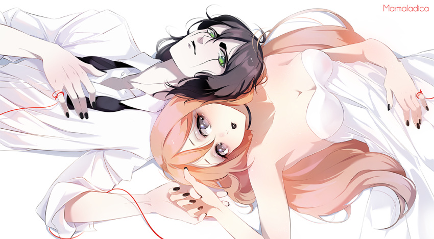 1boy 1girl artist_name bare_arms bare_shoulders black_choker black_hair black_lipstick black_nails black_neckwear bleach breasts choker cleavage collarbone commentary dress dress_shirt facial_mark from_above green_eyes grey_eyes hair_between_eyes hand_on_own_stomach hands_together holding_hands inoue_orihime lipstick long_hair loose_necktie lying makeup marmalade_(elfless_vanilla) medium_breasts nail_polish necktie on_back orange_hair pale_skin red_string shirt simple_background strapless strapless_dress string ulquiorra_cifer white_background white_dress white_shirt