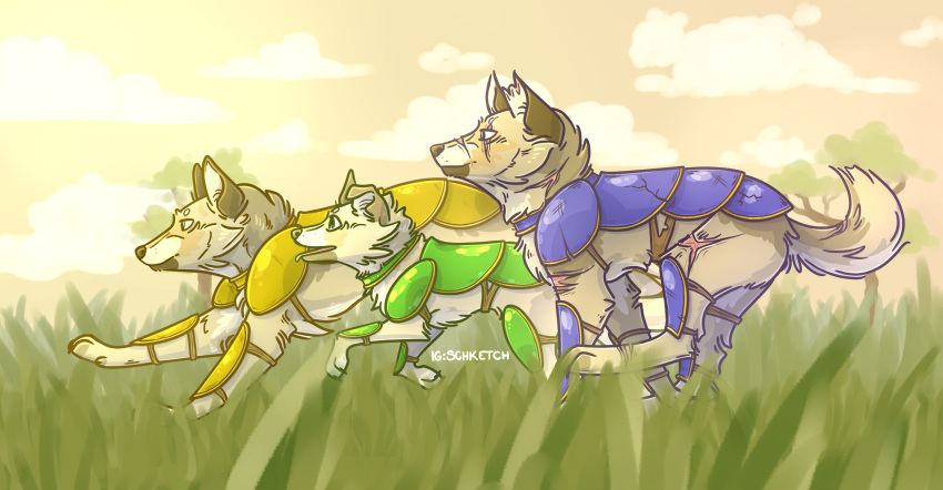 armor canid canine canis domestic_dog grass hi_res mammal outside pewdiepie running scar sketchettte sven's_bf sven_(pewdiepie)