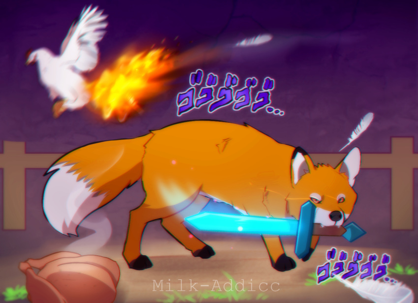 avian bengt_(pewdiepie) bird canid canine chicken feathers fire fox fur galliform gallus_(genus) japanese_text mammal melee_weapon milk-addicc minecraft orange_fur pewdiepie phasianid sword text video_games weapon white_feathers