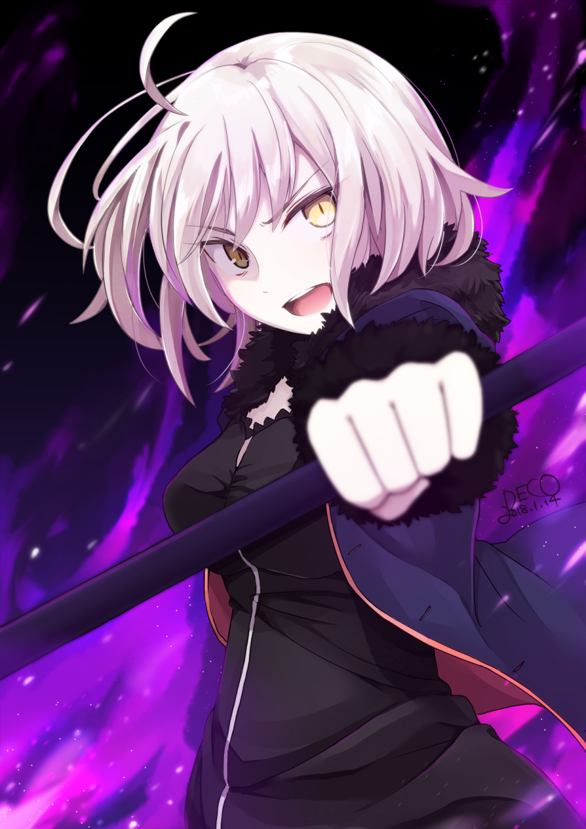 1girl 2018 ahoge artist_name bangs black_dress blue_jacket breasts dated dress eyebrows_visible_through_hair fate/grand_order fate_(series) fur-trimmed_sleeves fur_collar fur_trim highres jacket jeanne_d'arc_(alter)_(fate) jeanne_d'arc_(fate)_(all) medium_breasts misoradeko open_clothes open_jacket open_mouth short_hair solo teeth white_hair wicked_dragon_witch_ver._shinjuku_1999 yellow_eyes