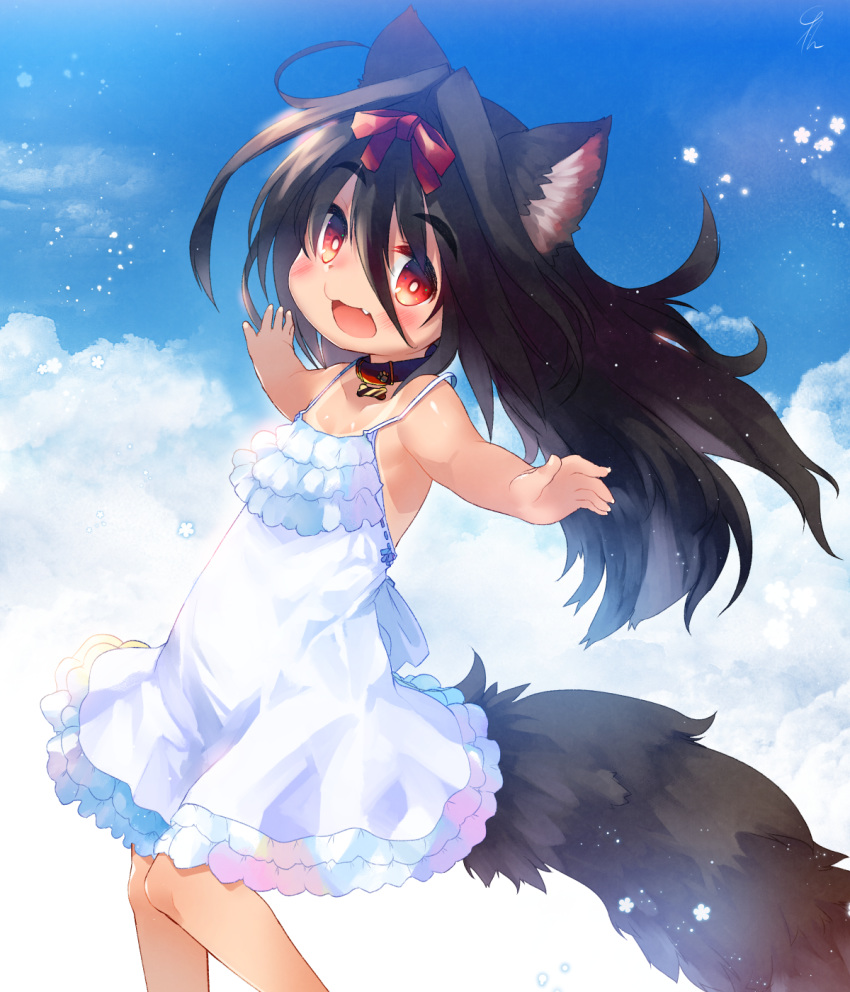 1girl animal_ear_fluff animal_ears armpits black_hair bow cloud collar commentary_request dog_ears dog_tail dress fang hair_bow highres kannagi_cocoa long_hair open_mouth original outdoors outstretched_arms red_eyes ribbon sky smile solo sundress tail tan tanline toba_hiyoko white_dress