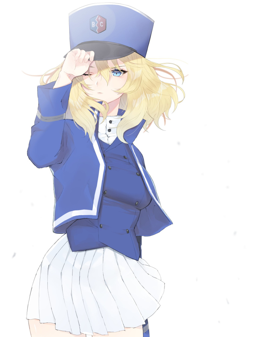 1girl absurdres bangs bc_freedom_(emblem) bc_freedom_military_uniform blonde_hair blue_eyes blue_headwear blue_jacket blue_vest emblem girls_und_panzer hat high_collar highres jacket long_sleeves medium_hair messy_hair one_eye_closed pleated_skirt re_(scd6) shako_cap simple_background skirt solo thighs vest white_background white_skirt