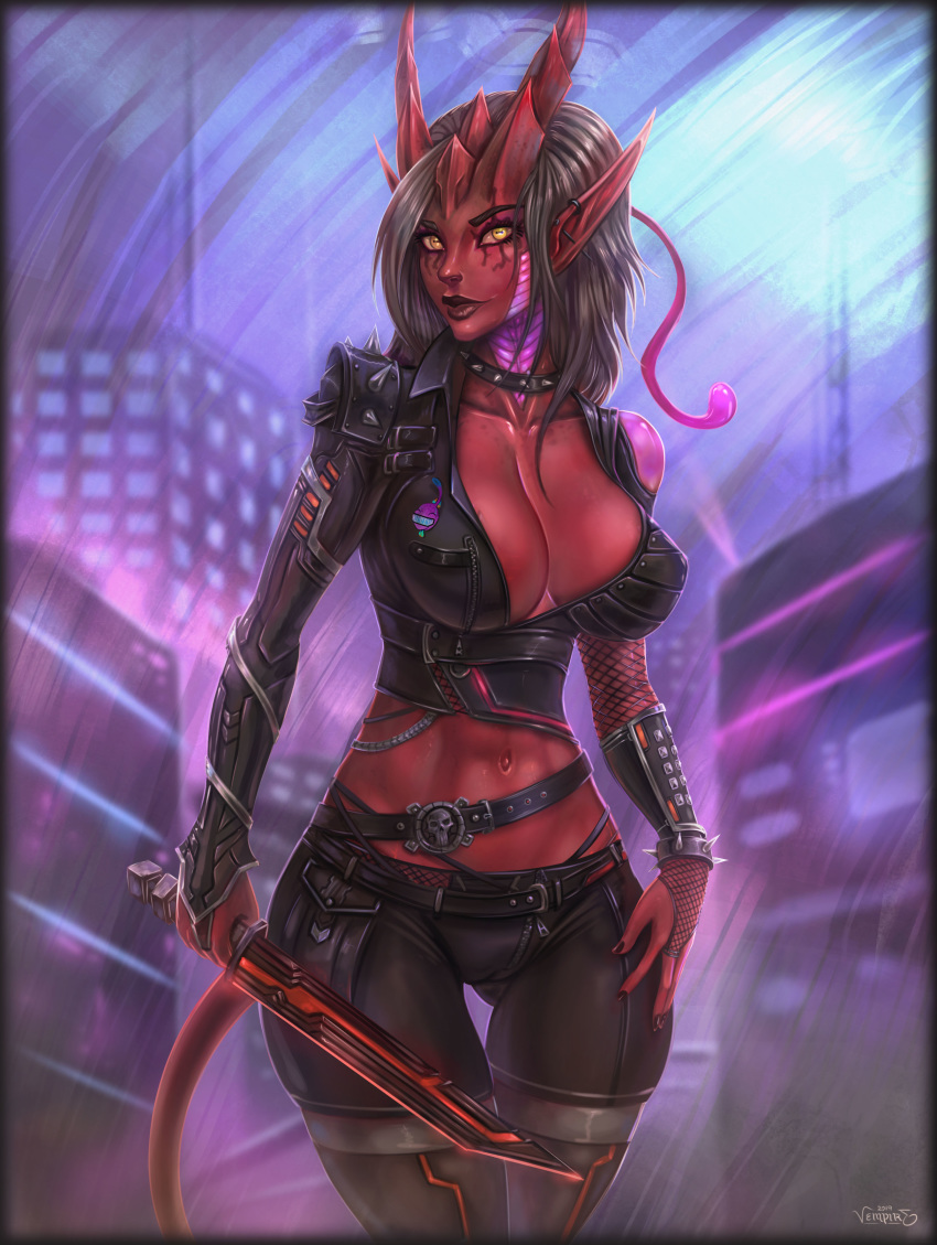 2019 abs absurd_res alien breasts chymlaxi cleavage clothed clothing collar digital_media_(artwork) female glowing grey_hair hair hi_res humanoid knife leather looking_at_viewer navel red_skin solo thigh_gap vempire weapon wide_hips