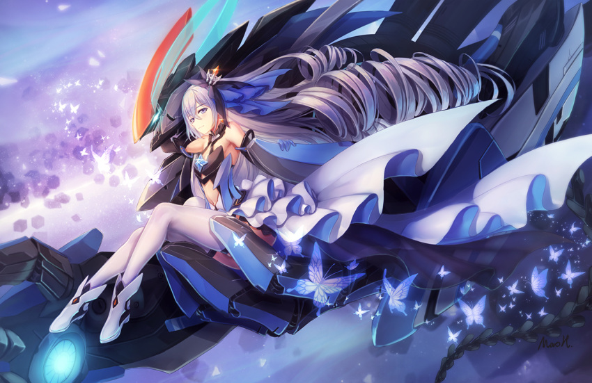 1girl ankle_boots bangs black_gloves blush boots breasts bronya_zaychik bronya_zaychik_(herrscher_of_reason) bug butterfly center_opening crossed_bangs dress drill_hair earrings elbow_gloves floating_hair gloves grey_hair hair_ornament hand_up honkai_(series) honkai_impact_3rd insect jewelry layered_dress long_hair looking_at_viewer project_bunny quad_drills sidelocks sitting small_breasts solo thighhighs ulquiorra0 white_footwear white_legwear