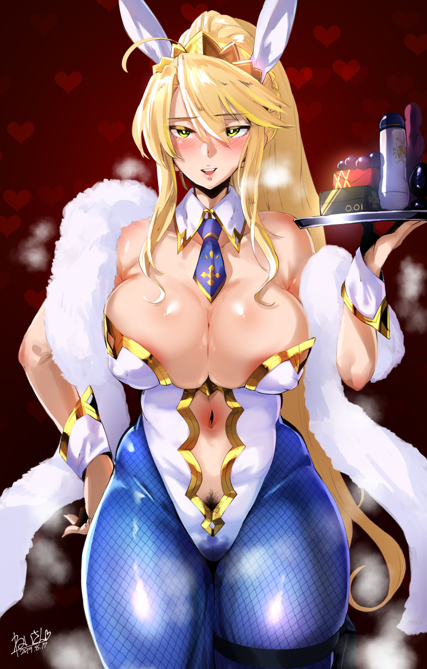 1girl absurdres ahoge animal_ears artoria_pendragon_(all) artoria_pendragon_(lancer) bangs bare_shoulders blonde_hair blue_legwear blue_neckwear blush braid breasts bunny_ears bunnysuit cleavage detached_collar fate/grand_order fate_(series) fishnet_pantyhose fishnets french_braid green_eyes hair_between_eyes heart hero_neisan highleg highleg_leotard highres large_breasts leotard long_hair looking_at_viewer navel navel_cutout necktie pantyhose ponytail pubic_hair red_background sex_toy sidelocks smile solo thigh_strap thighs tray wrist_cuffs