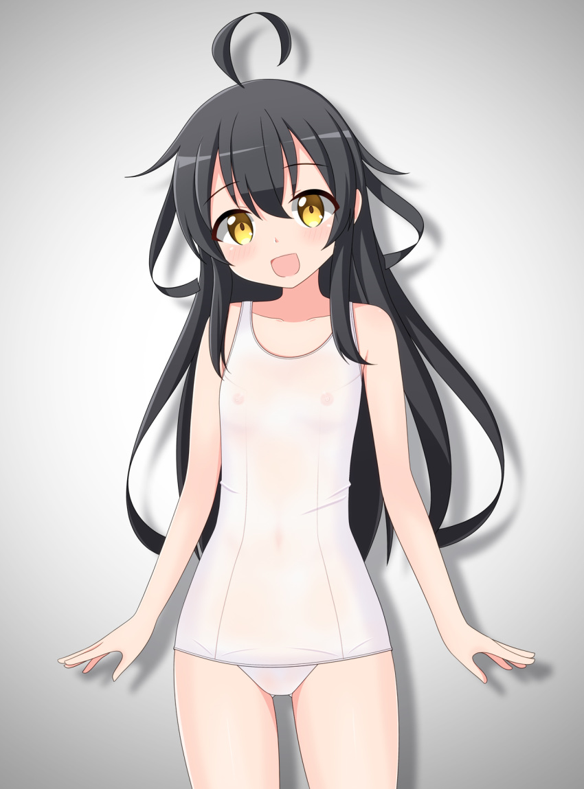 1girl ahoge black_background black_hair blue_swimsuit commentary_request contrapposto covered_nipples cowboy_shot derivative_work flat_chest gradient highres kantai_collection long_hair looking_at_viewer mikazuki_(kantai_collection) open_mouth saratoga_(scharn) school_swimsuit smile solo standing swimsuit two-tone_background white_background white_school_swimsuit white_swimsuit yellow_eyes