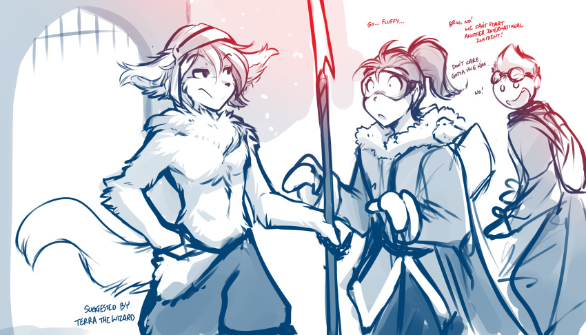 2019 7:4 annoyed anthro armor basitin blush chest_tuft clothed clothing dialogue english_text female fluffy fur_trim_(clothing) gate group hand_on_hip headgear helmet hi_res holding_object holding_weapon human humor looking_aside male mammal melee_weapon monochrome outside polearm ponytail sketch spear stare text tom_fischbach topless tuft twokinds weapon webcomic winter