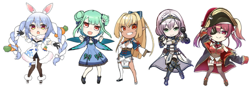 5girls animal_ears animal_print aqua_hair armor arrow_through_heart bangs belt black_armor black_eyepatch black_gloves blonde_hair blue_collar blue_dress blue_hair blunt_bangs braid breastplate bunny_ears bunny_girl butterfly_print carrot carrot_hair_ornament chestnut_mouth clenched_hand closed_mouth collar dark_skin double_bun dress dumbbell elf eyebrows_visible_through_hair eyepatch fingerless_gloves food_themed_hair_ornament gloves green_eyes hair_ornament hat highres hololive houshou_marine jacket leg_armor leg_garter loincloth long_braid long_hair long_sleeves medium_hair multicolored_hair multiple_girls navel open_mouth orange_eyes pantyhose pink_hair pirate pirate_hat pointy_ears ponytail red_eyes shiranui_flare shirogane_noel single_thighhigh skull_collar skull_hair_ornament smile thighhighs tokumaro twin_braids twintails two-tone_hair upper_teeth uruha_rushia usada_pekora virtual_youtuber weightlifting white_background white_hair white_legwear white_loincloth wrist_guards