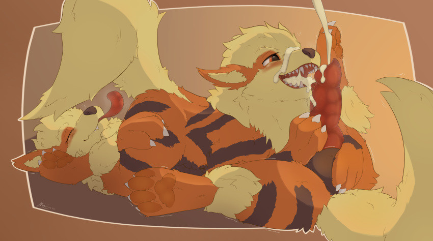 2019 69_position absurd_res ambiguous_gender animal_genitalia animal_penis arcanine ball_fondling balls black_fur black_stripes blush bodily_fluids canid canine canine_penis chest_tuft claws cream_tail cum cum_in_mouth cum_inside cum_on_face cum_on_muzzle cumshot digital_media_(artwork) duo ejaculation erection eyes_closed feral fondling fur genital_fluids hi_res hindpaw knot licking lying male male/ambiguous mammal metalisk nintendo nude on_back open_mouth oral orange_fur orgasm pawpads paws penis pok&eacute;mon pok&eacute;mon_(species) red_eyes saliva saliva_string sex simple_background striped_fur stripes toe_claws toes tongue tongue_out tuft video_games