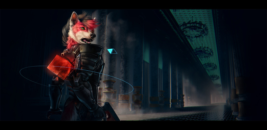2019 5_fingers anthro black_bars black_hair clothed clothing conditional_dnp detailed_background digital_media_(artwork) domestic_ferret fingers fur hair hi_res holding_gun holding_object holding_weapon latex_(artist) male mammal mustela mustelid musteline open_mouth red_fur solo standing teeth tongue weapon