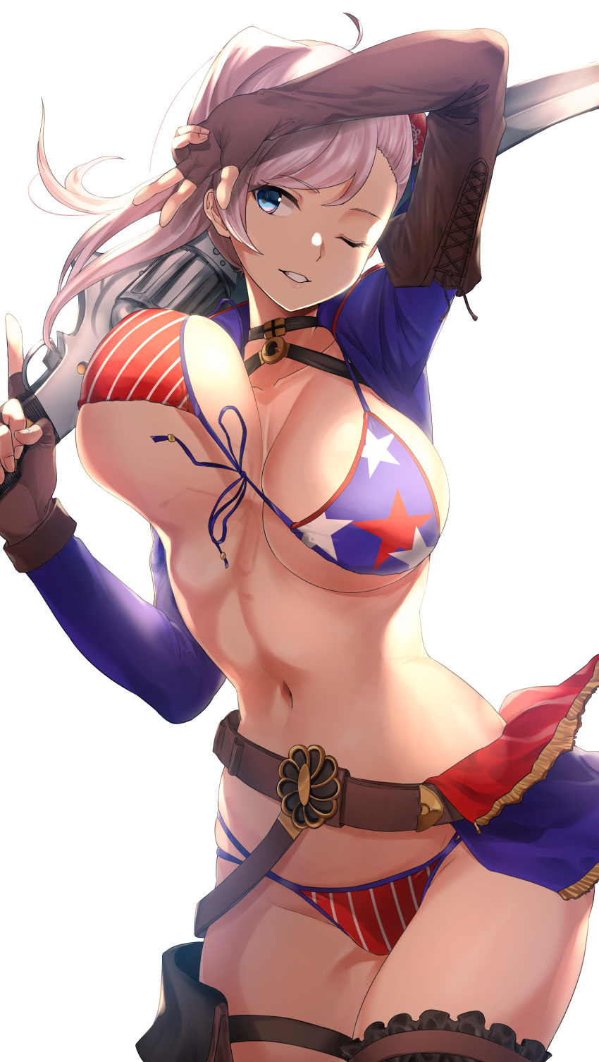 1girl absurdres american_flag_bikini arm_up asymmetrical_hair bangs bikini blue_eyes blush bouncing_breasts breasts brown_gloves bun_cover cleavage fate/grand_order fate_(series) fingerless_gloves flag_print fujitsubo_(hujitubo0731) gloves gunblade hair_bun hand_gesture highres large_breasts long_hair looking_to_the_side miyamoto_musashi_(fate/grand_order) miyamoto_musashi_(swimsuit_berserker)_(fate) navel one_eye_closed parted_lips pink_hair shrug_(clothing) sky smile solo swept_bangs swimsuit thigh_strap trigger_discipline unaligned_breasts w weapon white_background